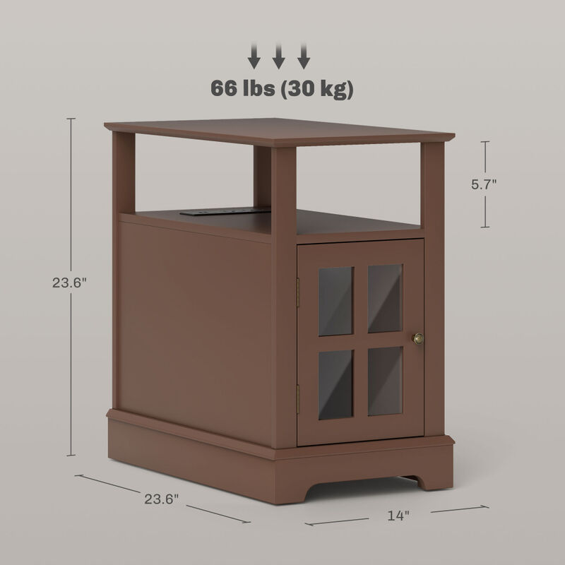End Table with USB Ports, Open Middle Shelf and Cabinet Door for Living Room