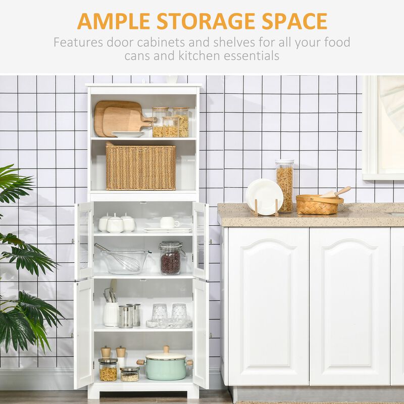 White Kitchen Tower: 63" Hutch Cabinet with 4-Door Pantry Storage