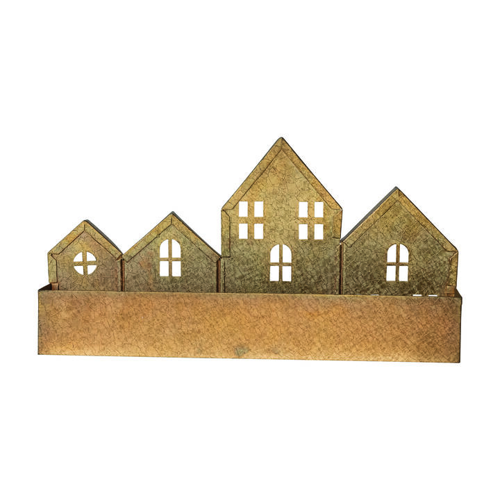 Decorative Textured Metal House Shaped Container, Gold Finish