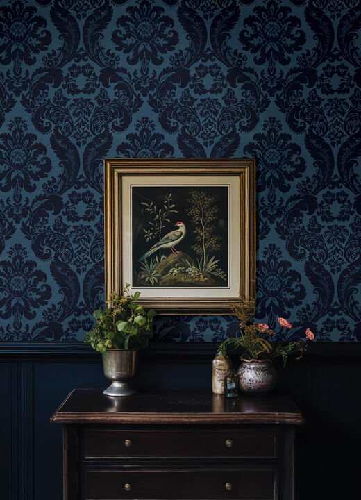 Shadow Blue Flocked Damask Wallpaper (Set of 2)