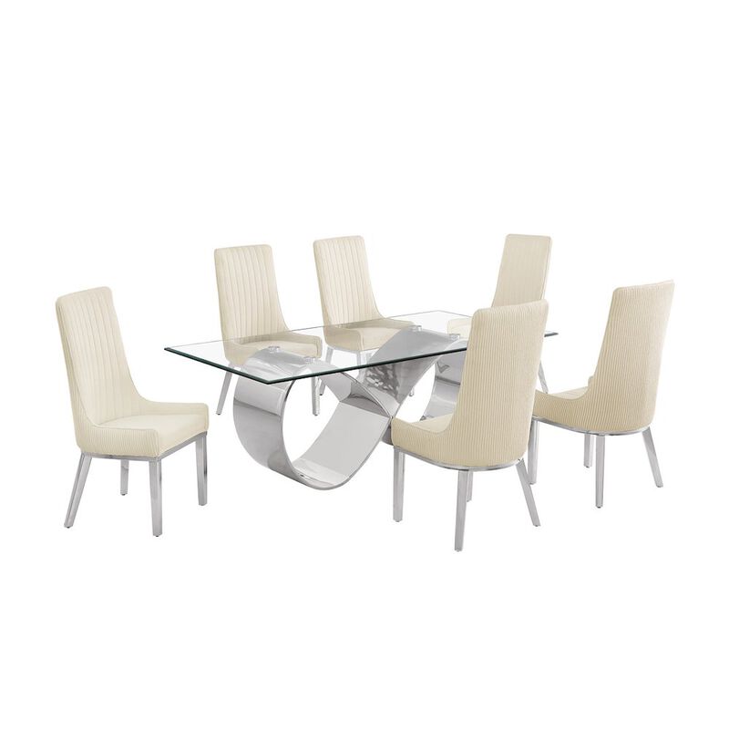 Best Quality Furniture 7Pc Tempered Glass Dining Set With 6 Cream Boucle Side Chairs And A Silver Base