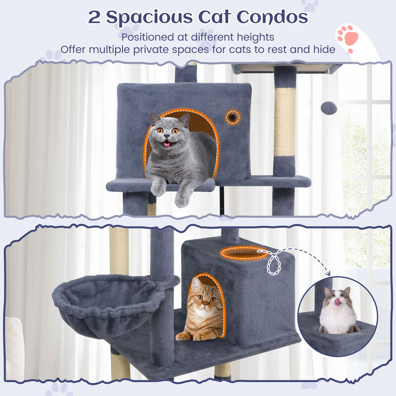 80" Multi-Level Cat Tree Tower with Two Large Condos and Hanging Toys image number 7