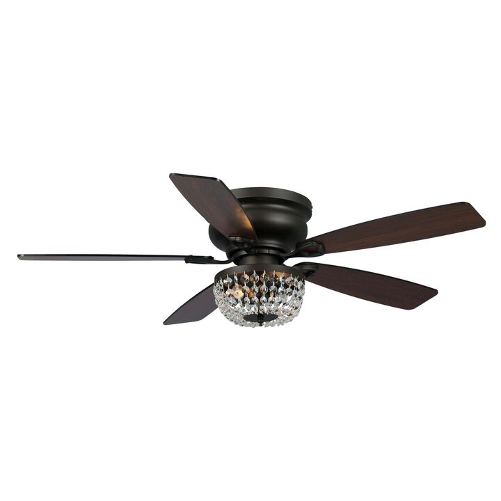 48" Bronze Wooden 5-Blade Crystal Flush Mount Ceiling Fan with Remote