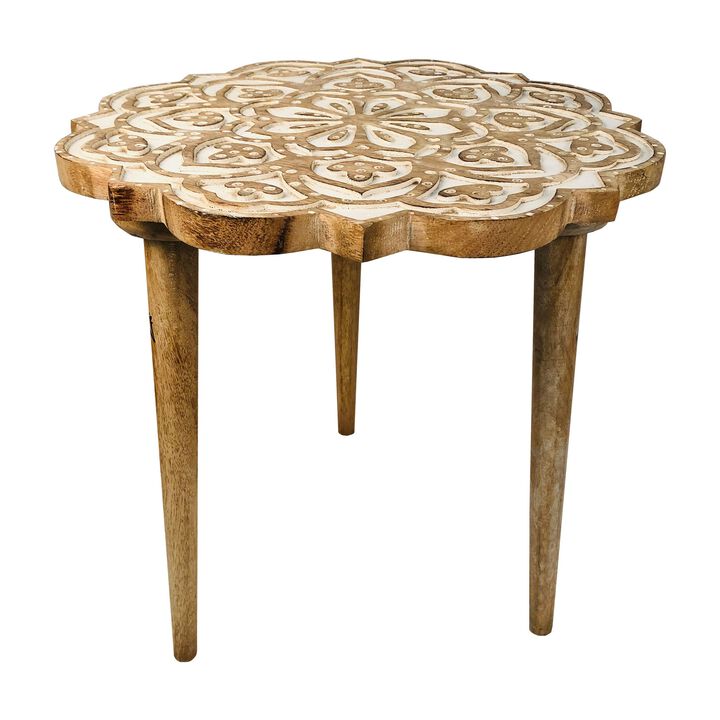 18 Inch Handcrafted Mango Wood Side End Table, Floral Carved Top, Tripod Base, Antique Brown, White-Benzara
