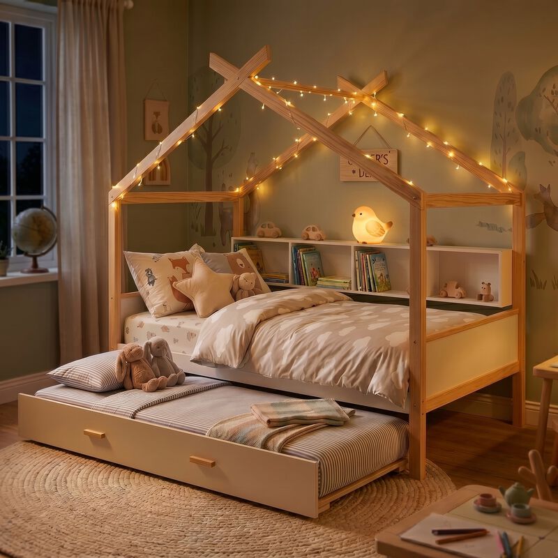 Merax win House-Shaped Kids Bed with Pull-Out Trundle, 4 Built-In Bookshelves image number 5