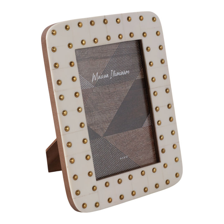 4x6" Brass Dot Border Photo Frame, Ivory/ Gold