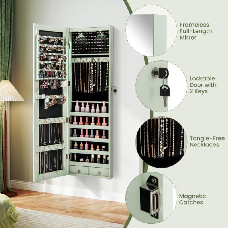 Hivvago Wall and Door Mounted Mirrored Jewelry Cabinet with Lights