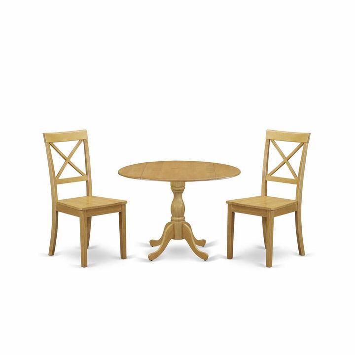 East West Furniture DMBO3-OAK-W 3 Piece Dining Room Table Set - Dropleaf Oak Dining Room Table and 2 Oak Wooden Dining Chairs with X-Back - Oak Finish