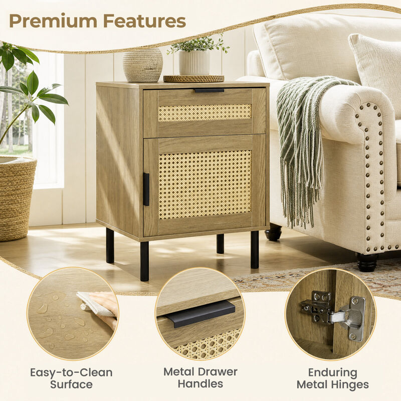Rattan Nightstand with Drawer and Storage Cabinet for Bedroom and Dorm image number 3