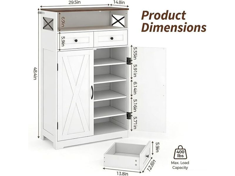 Slim Entryway Shoe Storage Cabinet Adjustable Shelves White image number 2