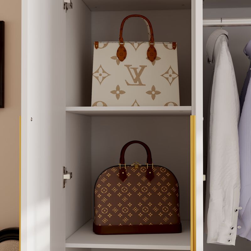 FUFU&GAGA Modern Wardrobe with Gold Handles, Spacious Storage and Hanging Rods (47" W x 20.5" D x 86.7" H),White