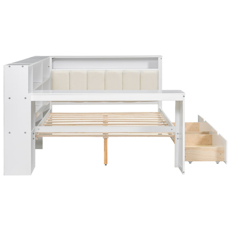 Merax Bed with Storage Shelves, Drawers, Charging Station, LED