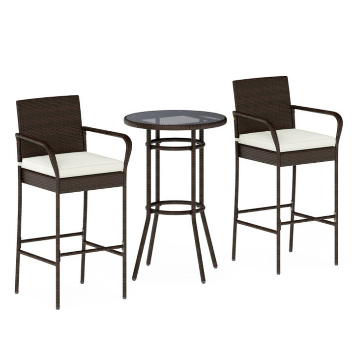 Outdoor Rattan Bar Height Table and Chair Set with 2 Cushions for Porch