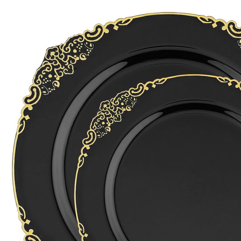 Black with Gold Fancy Round Plastic Dinnerware Value Set (60 Sets) image number 9