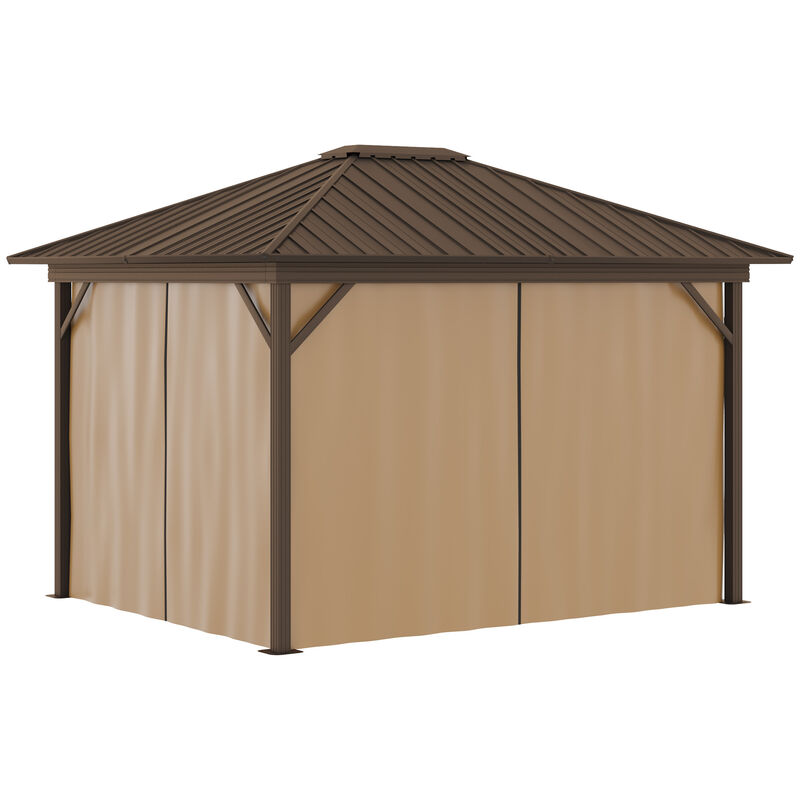 Outsunny 10' x 12' Hardtop Gazebo Canopy with Galvanized Steel Roof, Aluminum Frame, Permanent Pavilion with Top Hook, Netting and Curtains for Patio, Garden, Backyard, Deck, Lawn, Light Brown