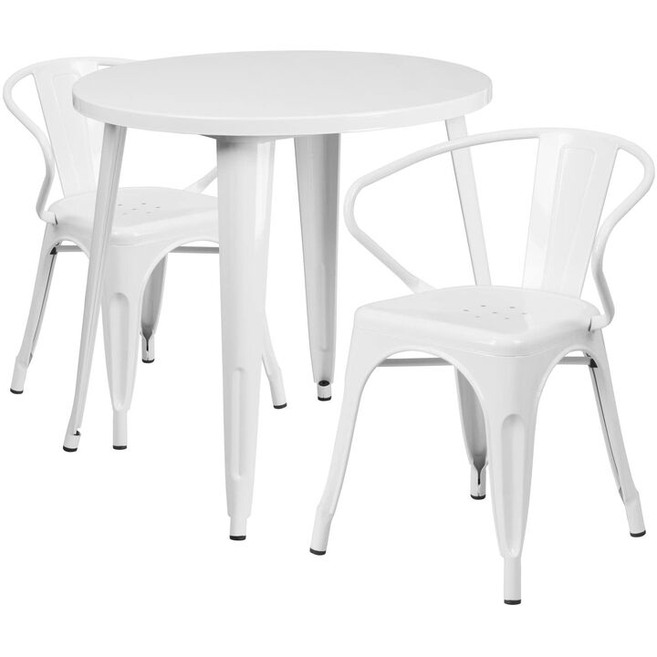 Flash Furniture Conrad Commercial Grade 30" Round White Metal Indoor-Outdoor Table Set with 2 Arm Chairs