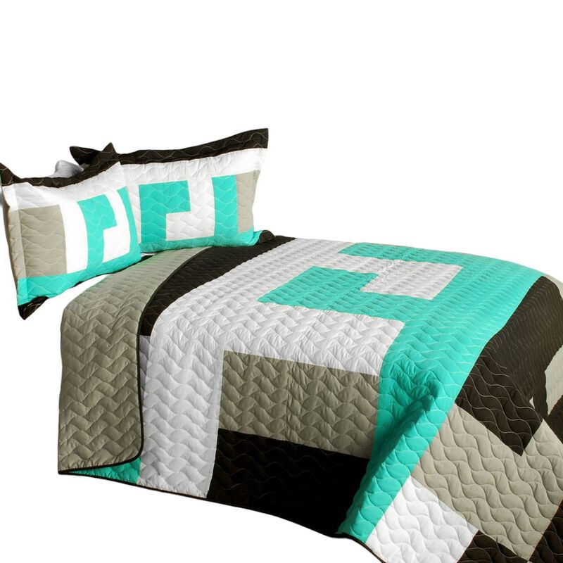 3 Piece Geometric Patchwork Quilt Set Queen Size with Vermicelli Quilted Design-Grey image number 1