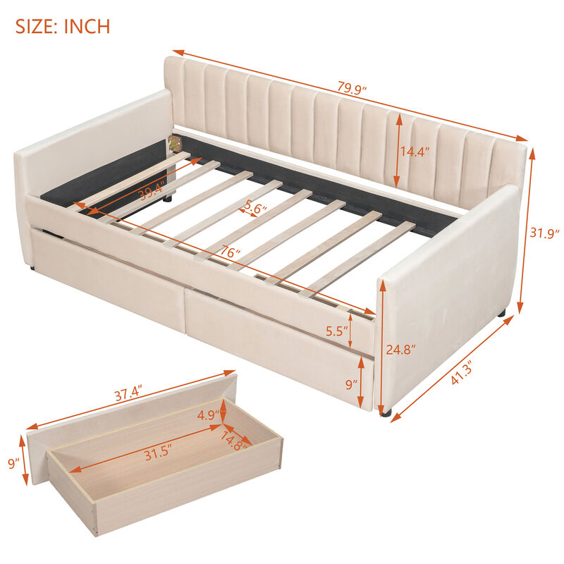 Upholstered daybed with Drawers, Wood Slat Support