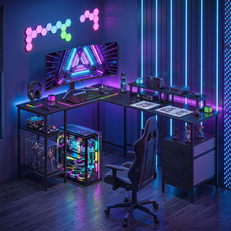 Reversible L Shaped Computer Desk with Power Outlet and Monitor Stands image number 3