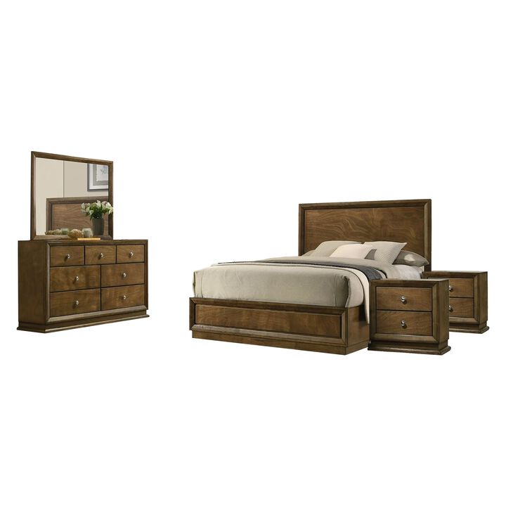 Rouk 5pc Queen Bedroom Set, Walnut Brown Wood, Bronze, 2 Nightstands