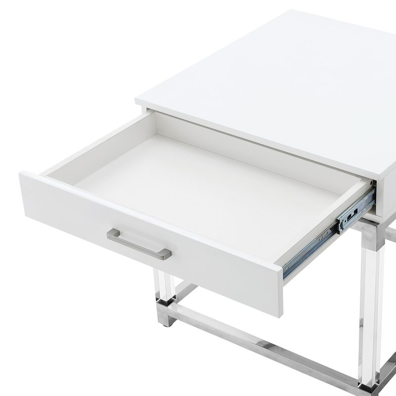 Inspired Home Kalel High Gloss 1 Drawer End Table with Acrylic Legs Stainless Steel Base