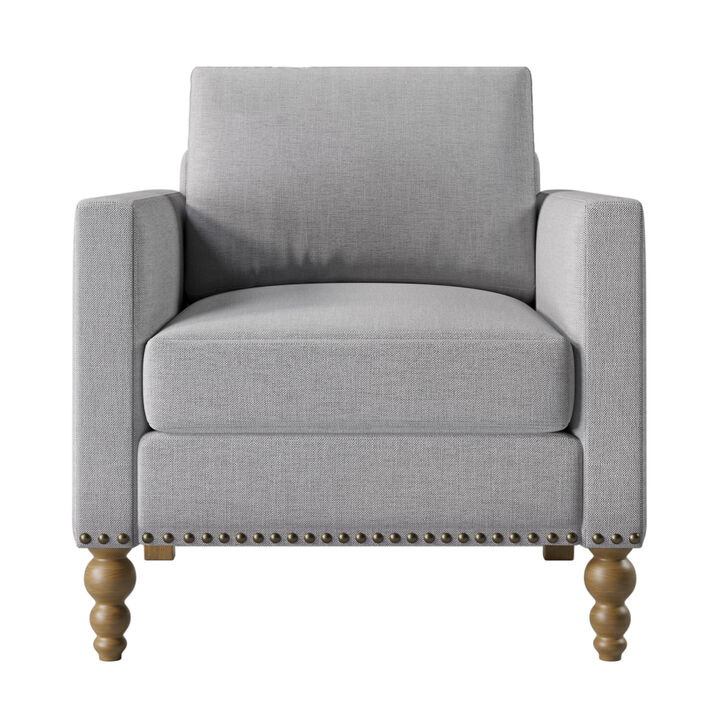 Classic Linen Armchair Accent Chair with Bronze Nailhead Trim Wooden Legs Single Sofa Couch for Living Room, Bedroom, Balcony
