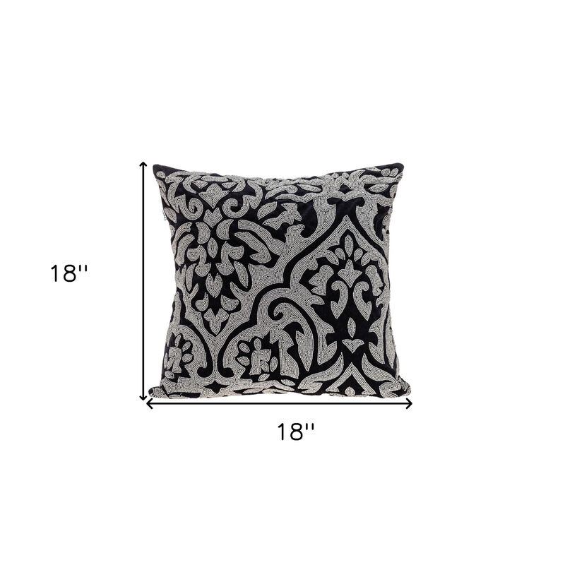 HomeRoots 18" Black and Silver Damask Velvet Throw Pillow With Beads image number 4