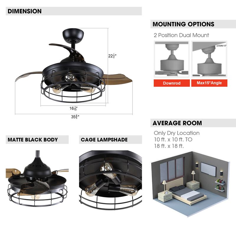36 in.  Industrial Black 3blades Ceiling Fan with Remote