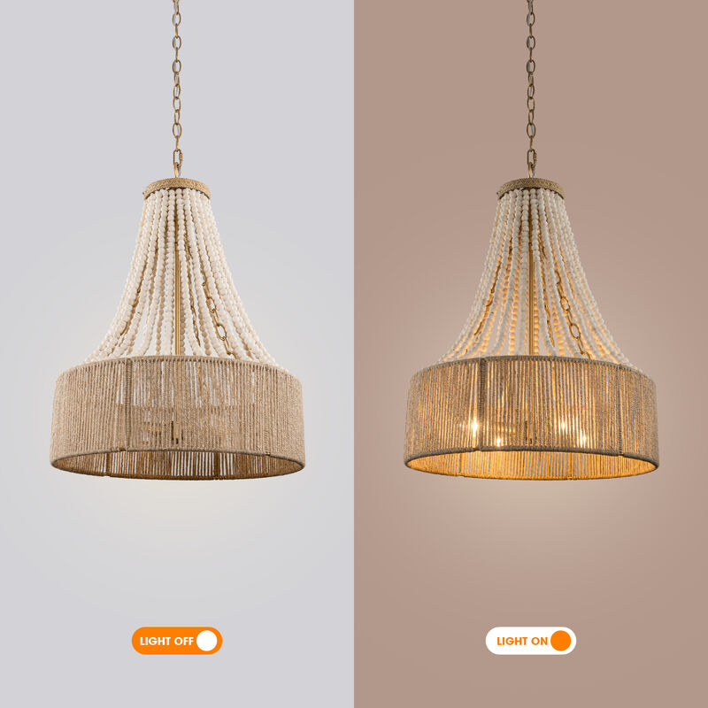 4-Light Bohemiann Woven Hemp Rope Wood Beads Chandelier