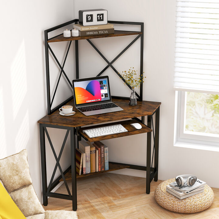 Space-Saving Corner Computer Desk with Hutch and Keyboard Tray for Home Office Organization