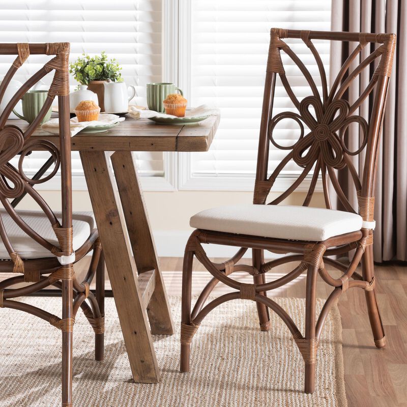 bali & pari Brama Natural Rattan Dining Chair with Decorative Backrest and Cushioned Seat, Boho Coastal Style Seating for Dining Room or Kitchen