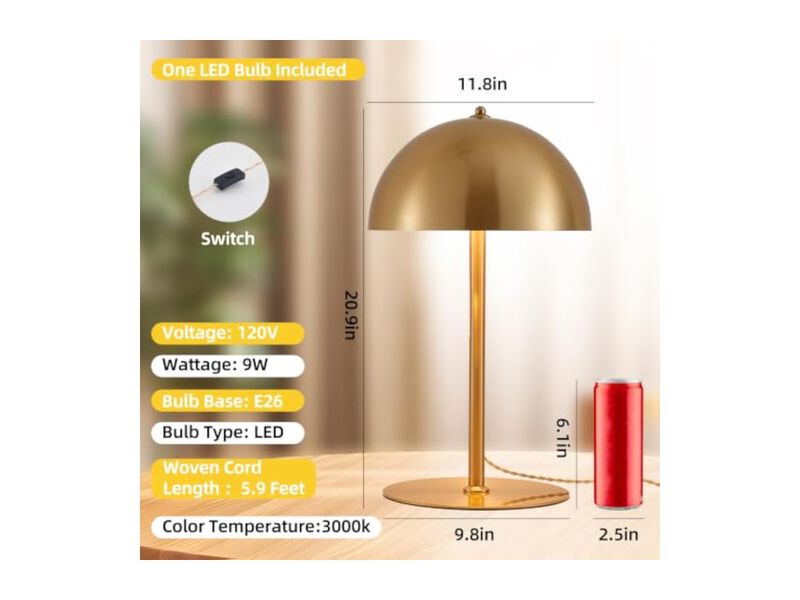 Modern Mid Century Metal Mushroom Lamp For Living Room Bedroom Nightstand Gold image number 3