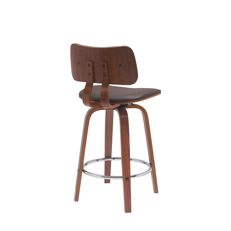HomeRoots 26" Brown And Wood Brown Faux Leather Swivel Low Back Counter Height Bar Chair image number 3