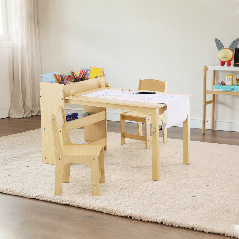 Kids Art Table with 2 Chairs Wood Toddler Activity Table with Storage Cabinet