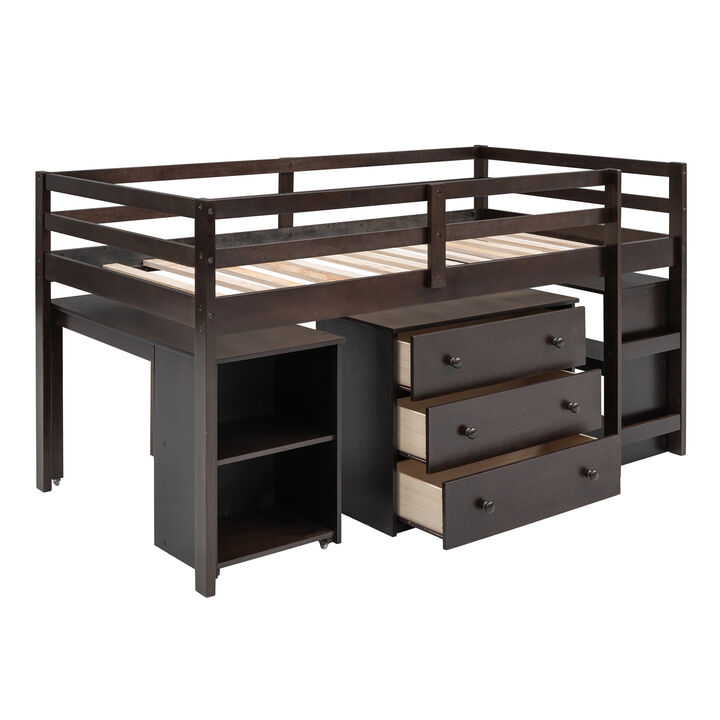 Merax Low Loft Bed with Cabinet and Rolling Portable Desk