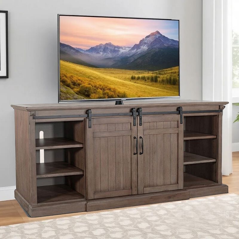 Yael TV Media Console w Fireplace Option, Barn Doors, 78 Inch Brown - Benzara