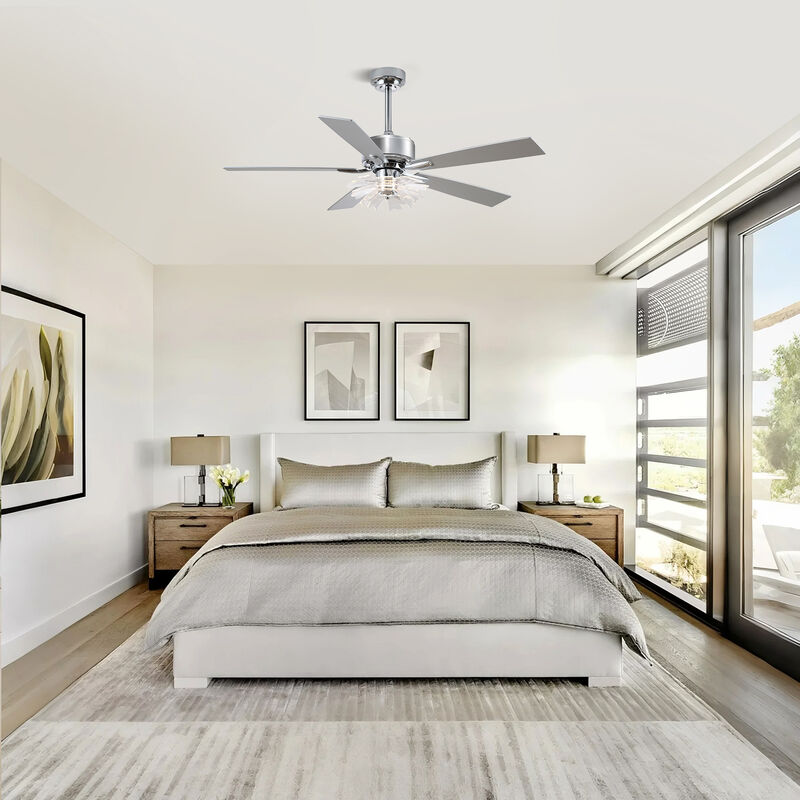 52" Modern Chrome Dimmable Reversible Ceiling Fan with Lotus-shaped Light Guide Plate and Remote