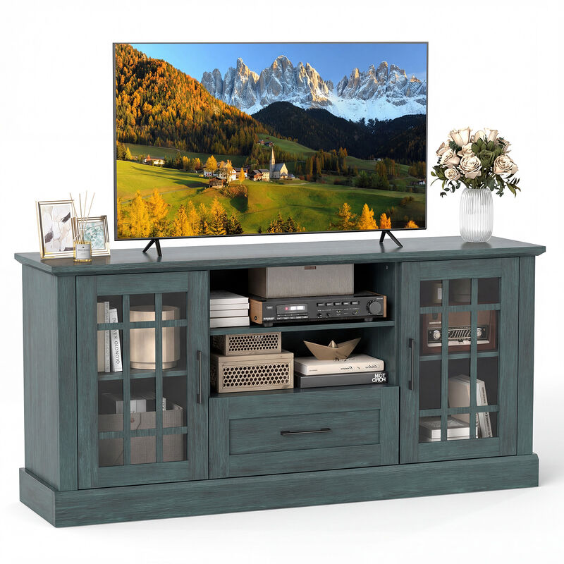 TV Console Stand with Glass Doors, Cubbies, and Storage Drawer image number 0