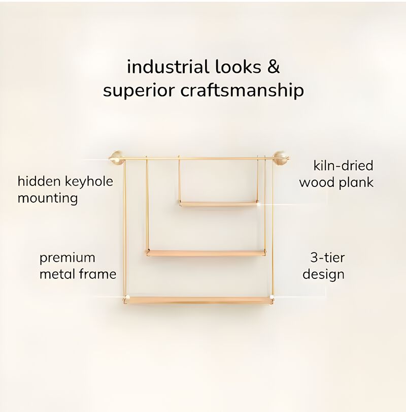 Luna 6 in. x 37 in. 31.5 in. Gold and Natural Wood Decorative Shelves image number 3