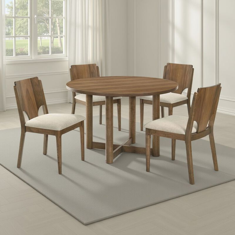 Billie 5pc Round Dining Table and 4 Chairs Set, Walnut Brown and Beige - Benzara