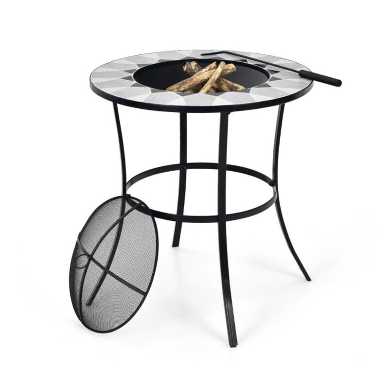 Hivvago 23.5 Inches Round Fire Pit Table with Mesh Cover and Fire Poker