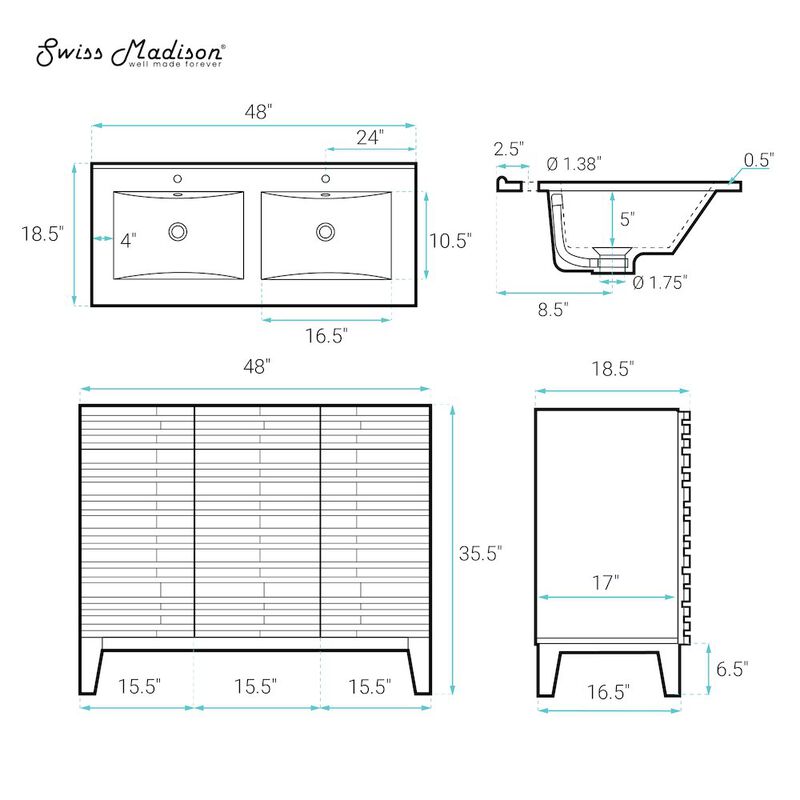 Cascade 48" Freestanding Bathroom Vanity in White Oak with Double Basin Sink Top image number 8