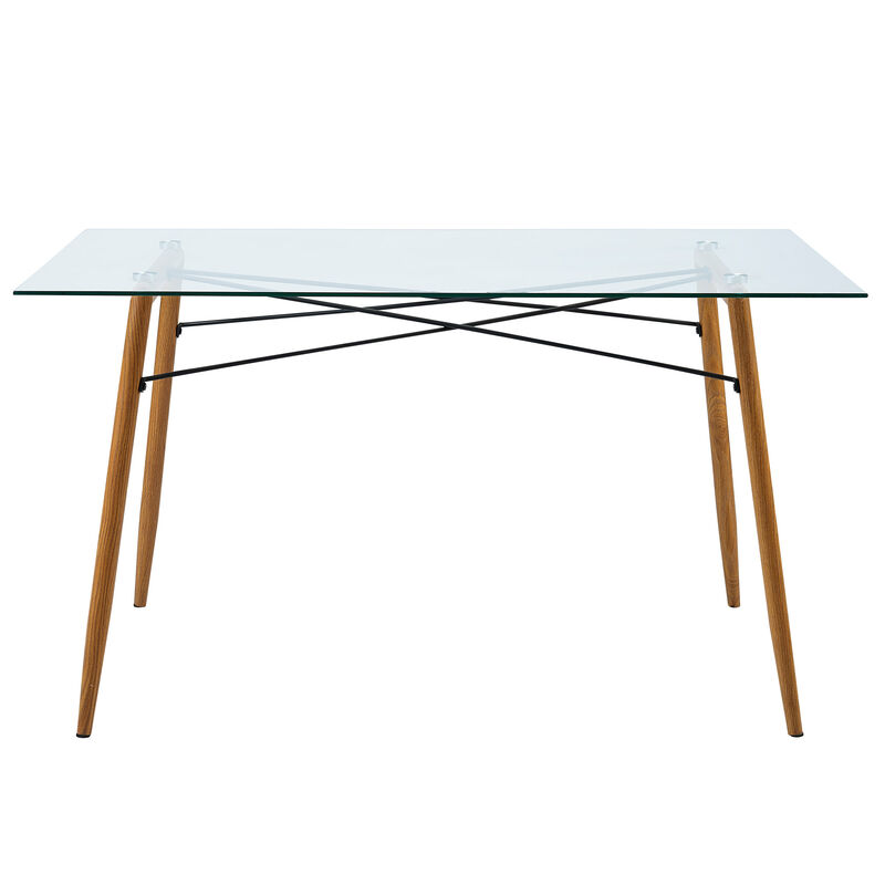 Minimalist Glass Top Dining Table with Wood Base, Natural image number 2