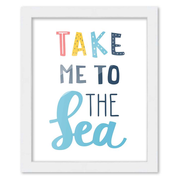 8x10 Framed Nursery Wall Art Hand Drawn Nautical Sea Poster in White Wood Frame For Kid Bedroom or Playroom