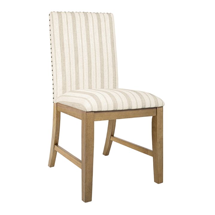Tim Dining Chair Set of 2, Wood Apron, Taupe Cream Striped Polyester