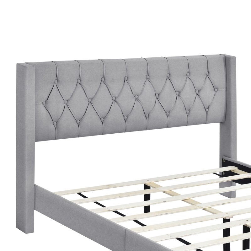 Upholstered Platform Bed with Rubber Wood Legs, No Box Spring Needed, Linen Fabric, Queen