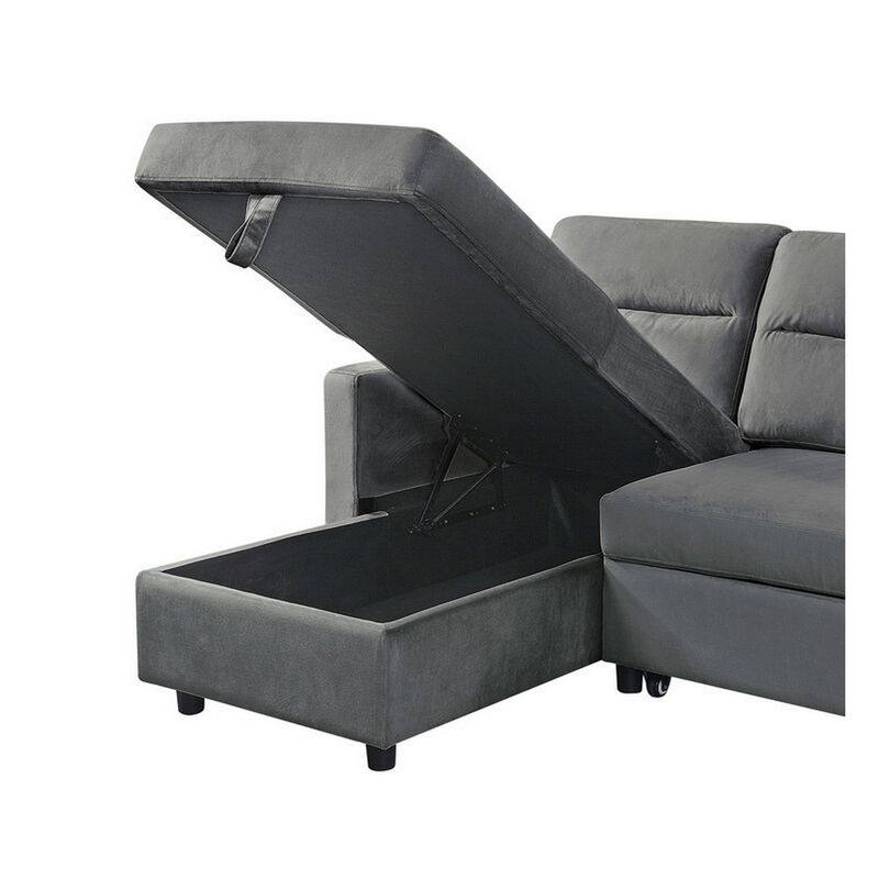 Ami 82 Inch Reversible Sleeper Sectional Sofa, Side Pocket, Gray Velvet-Benzara image number 4