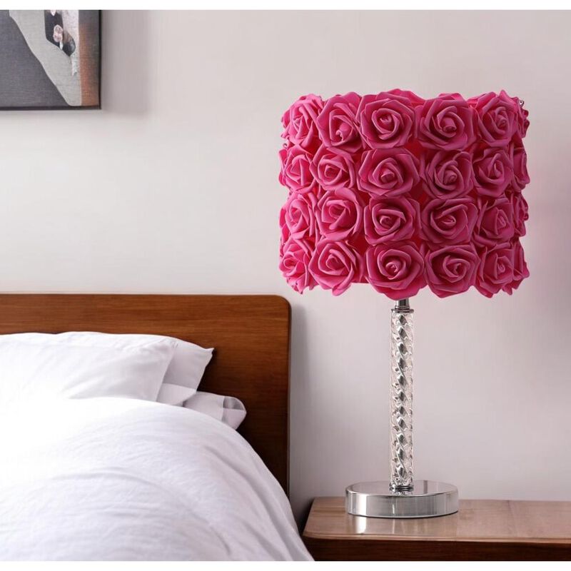 Hivvago 18" Silver Bedside Led Table Lamp With Red Flowers Drum Shade