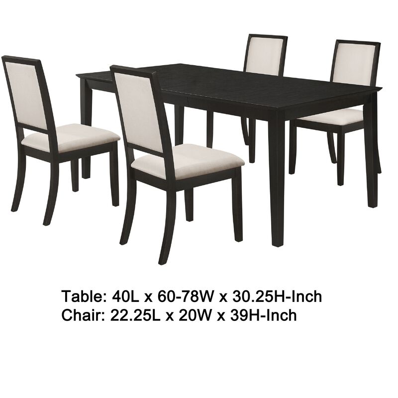 Lela 5pc Extendable Dining Table and 4 Chair Set, Black and Ivory - Benzara