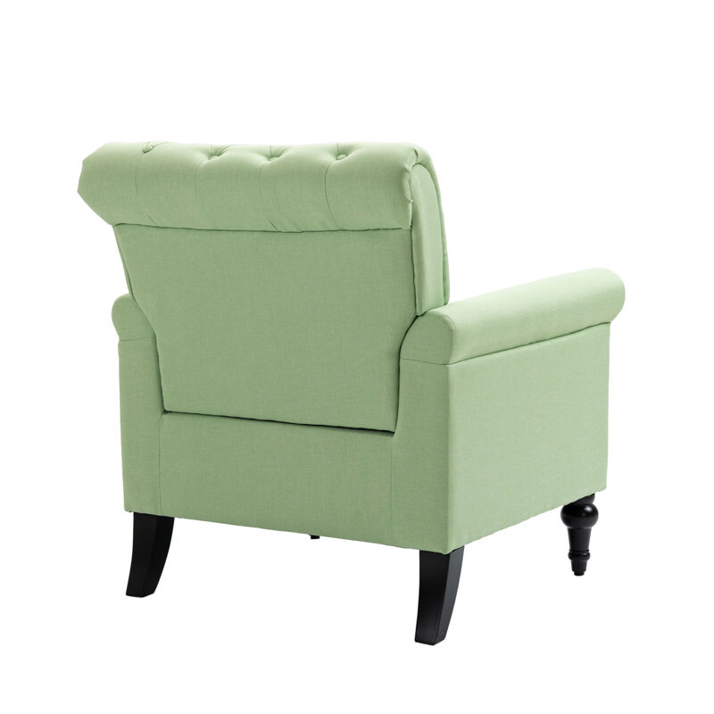 Mid-Century Modern Accent Chair, Linen Armchair w/Tufted Back/Wood Legs, Upholstered Lounge Armchair Single Sofa for Living Room Bedroom, Grass green